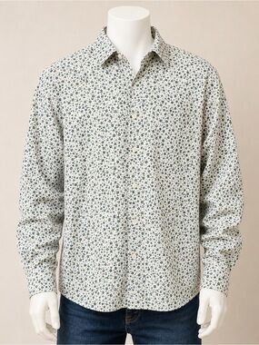Egara Green & White Button Down Shirt with Floral Print Slim Fit Stretch No Iron